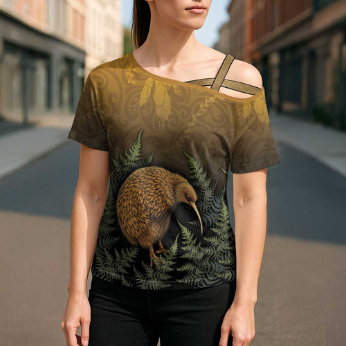 New Zealand Kiwi Bird Cross Shoulder Shirt Silver Fern Mix Maori Pattern