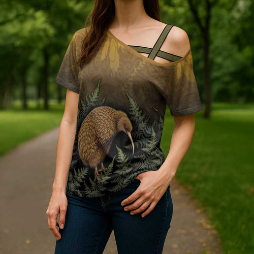 New Zealand Kiwi Bird Cross Shoulder Shirt Silver Fern Mix Maori Pattern