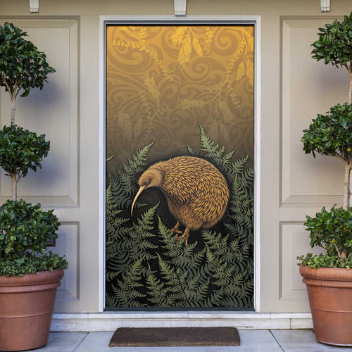 New Zealand Kiwi Bird Door Cover Silver Fern Mix Maori Pattern