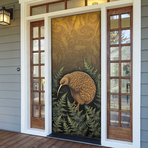 New Zealand Kiwi Bird Door Cover Silver Fern Mix Maori Pattern
