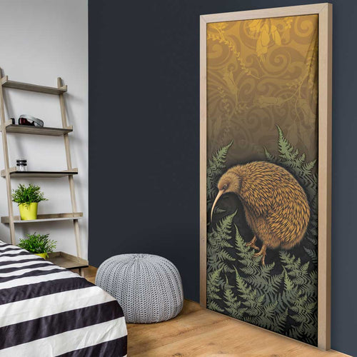 New Zealand Kiwi Bird Door Cover Silver Fern Mix Maori Pattern