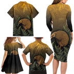 New Zealand Kiwi Bird Family Matching Long Sleeve Bodycon Dress and Hawaiian Shirt Silver Fern Mix Maori Pattern