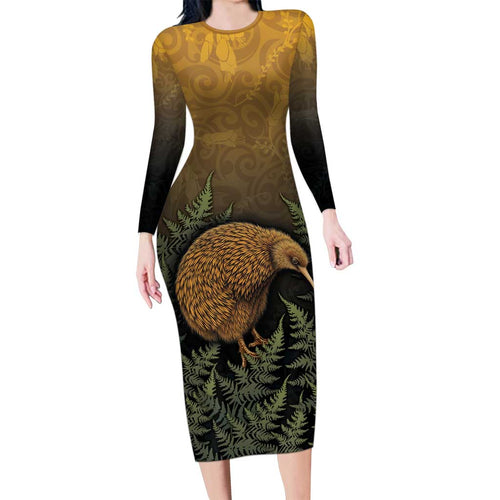 New Zealand Kiwi Bird Family Matching Long Sleeve Bodycon Dress and Hawaiian Shirt Silver Fern Mix Maori Pattern