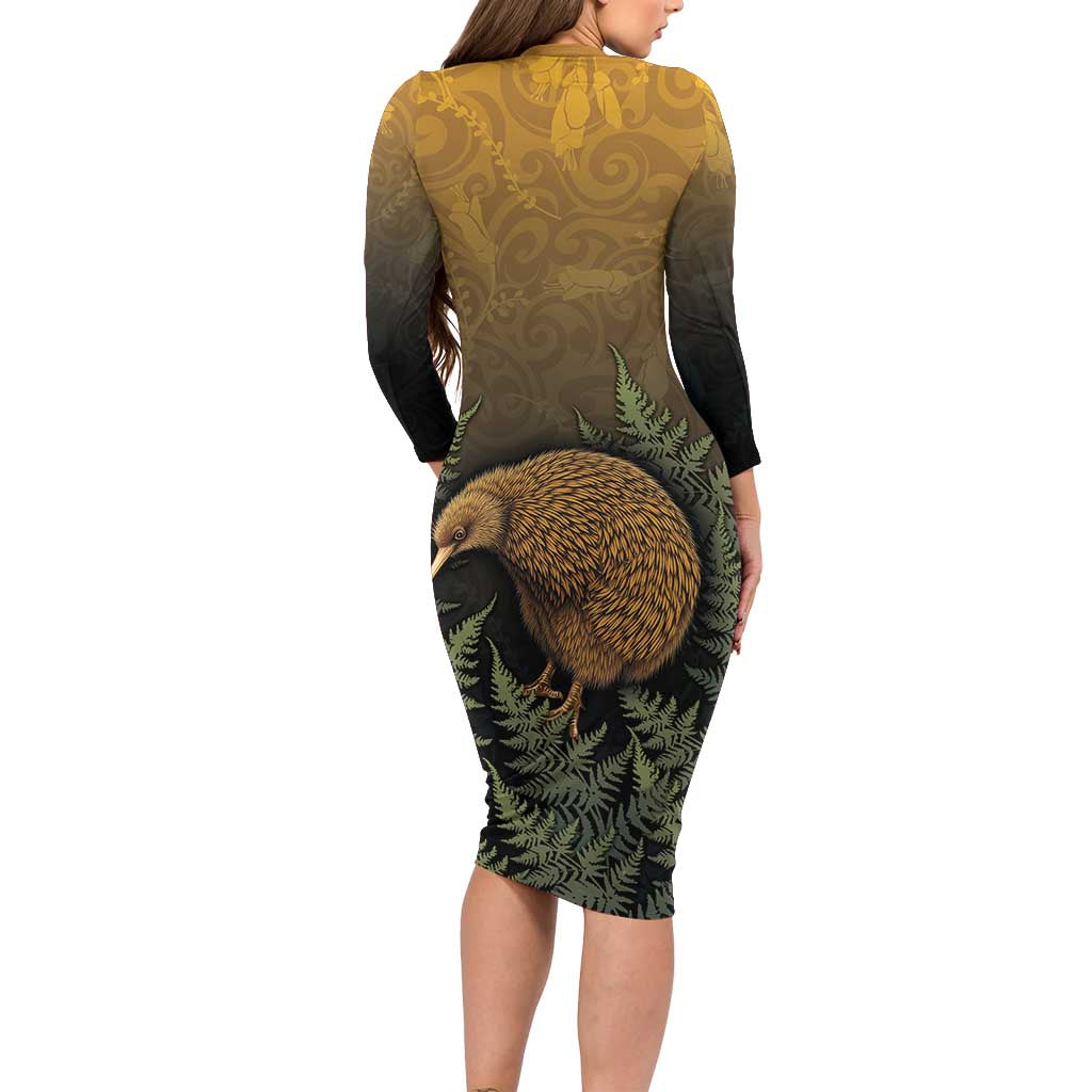 New Zealand Kiwi Bird Family Matching Long Sleeve Bodycon Dress and Hawaiian Shirt Silver Fern Mix Maori Pattern