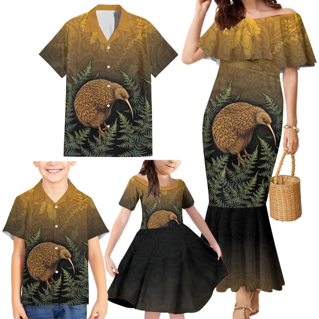 New Zealand Kiwi Bird Family Matching Mermaid Dress and Hawaiian Shirt Silver Fern Mix Maori Pattern