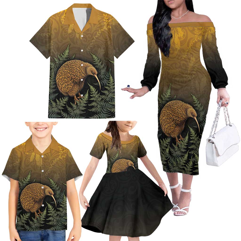 New Zealand Kiwi Bird Family Matching Off The Shoulder Long Sleeve Dress and Hawaiian Shirt Silver Fern Mix Maori Pattern