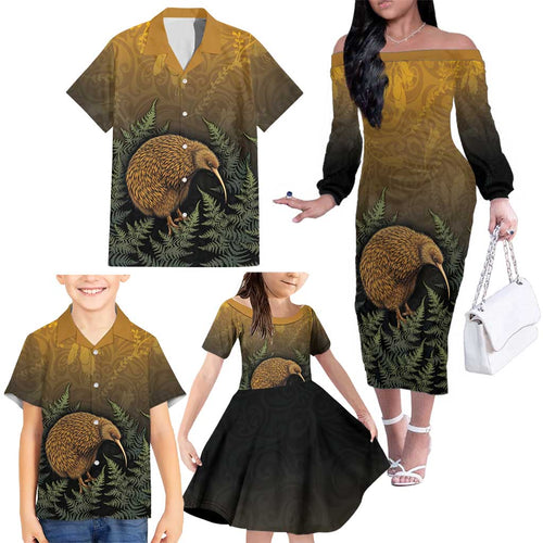New Zealand Kiwi Bird Family Matching Off The Shoulder Long Sleeve Dress and Hawaiian Shirt Silver Fern Mix Maori Pattern