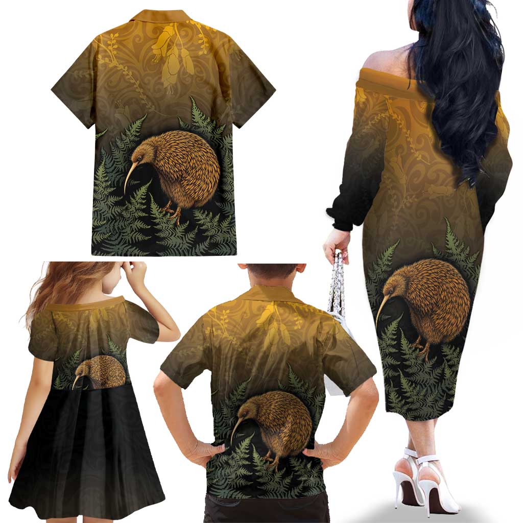 New Zealand Kiwi Bird Family Matching Off The Shoulder Long Sleeve Dress and Hawaiian Shirt Silver Fern Mix Maori Pattern