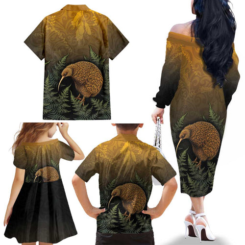 New Zealand Kiwi Bird Family Matching Off The Shoulder Long Sleeve Dress and Hawaiian Shirt Silver Fern Mix Maori Pattern