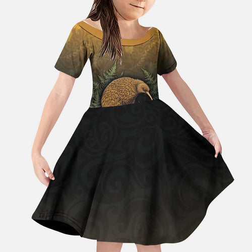 New Zealand Kiwi Bird Family Matching Off Shoulder Maxi Dress and Hawaiian Shirt Silver Fern Mix Maori Pattern
