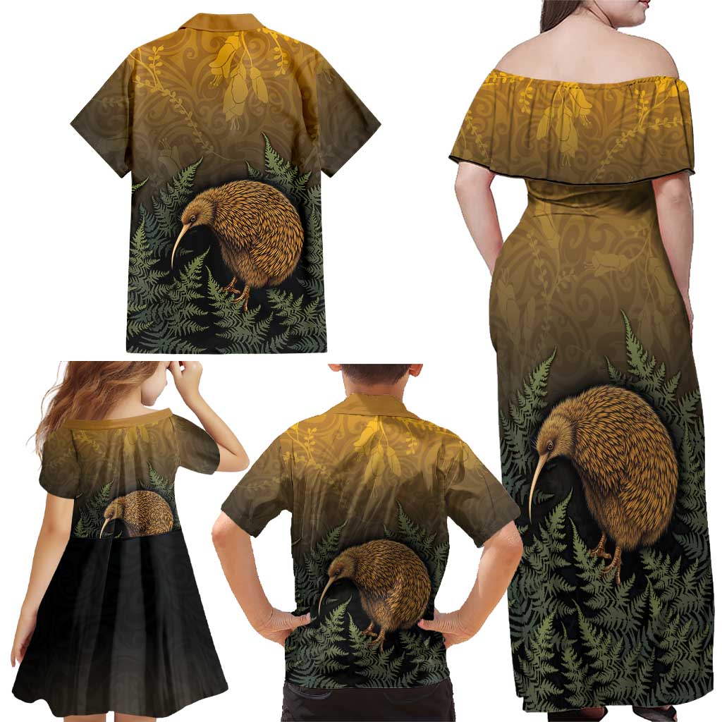 New Zealand Kiwi Bird Family Matching Off Shoulder Maxi Dress and Hawaiian Shirt Silver Fern Mix Maori Pattern