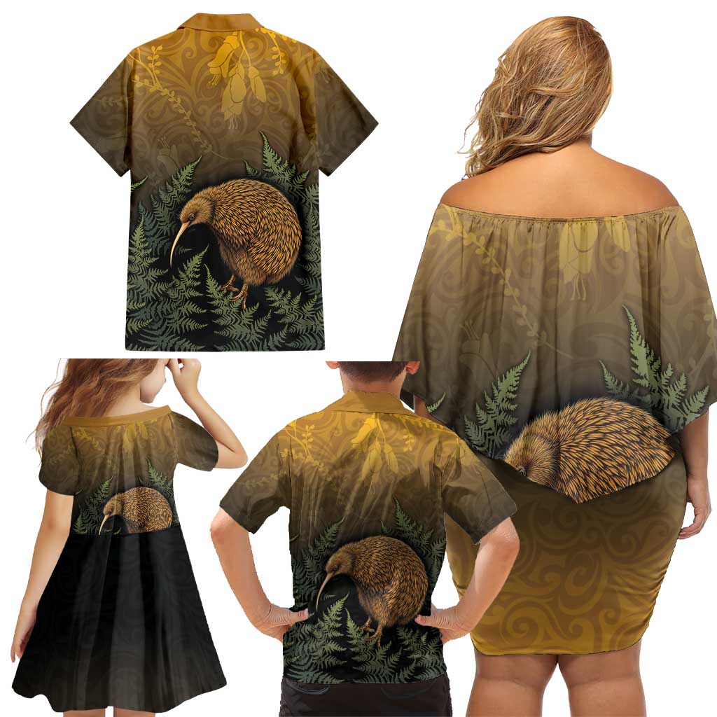 New Zealand Kiwi Bird Family Matching Off Shoulder Short Dress and Hawaiian Shirt Silver Fern Mix Maori Pattern