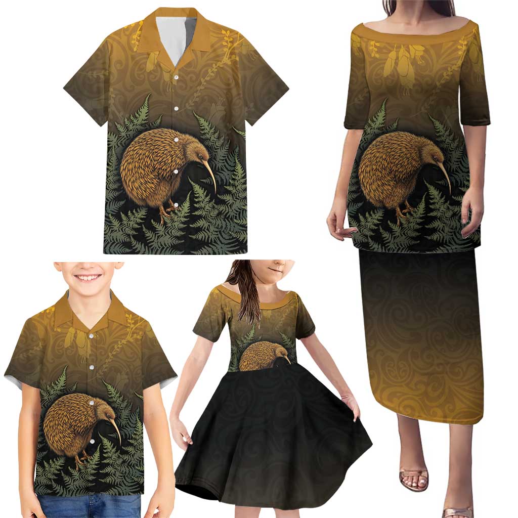 New Zealand Kiwi Bird Family Matching Puletasi and Hawaiian Shirt Silver Fern Mix Maori Pattern