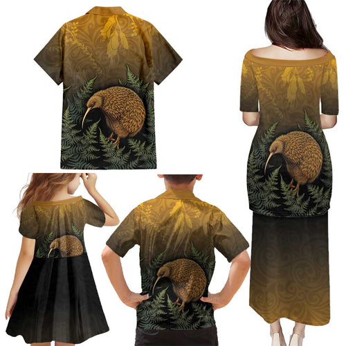 New Zealand Kiwi Bird Family Matching Puletasi and Hawaiian Shirt Silver Fern Mix Maori Pattern