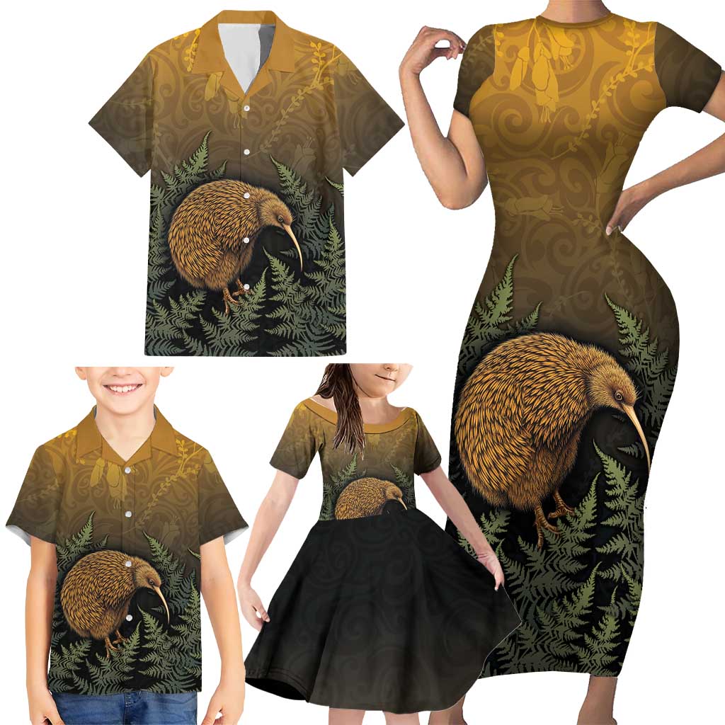 New Zealand Kiwi Bird Family Matching Short Sleeve Bodycon Dress and Hawaiian Shirt Silver Fern Mix Maori Pattern