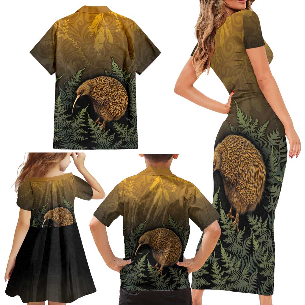 New Zealand Kiwi Bird Family Matching Short Sleeve Bodycon Dress and Hawaiian Shirt Silver Fern Mix Maori Pattern