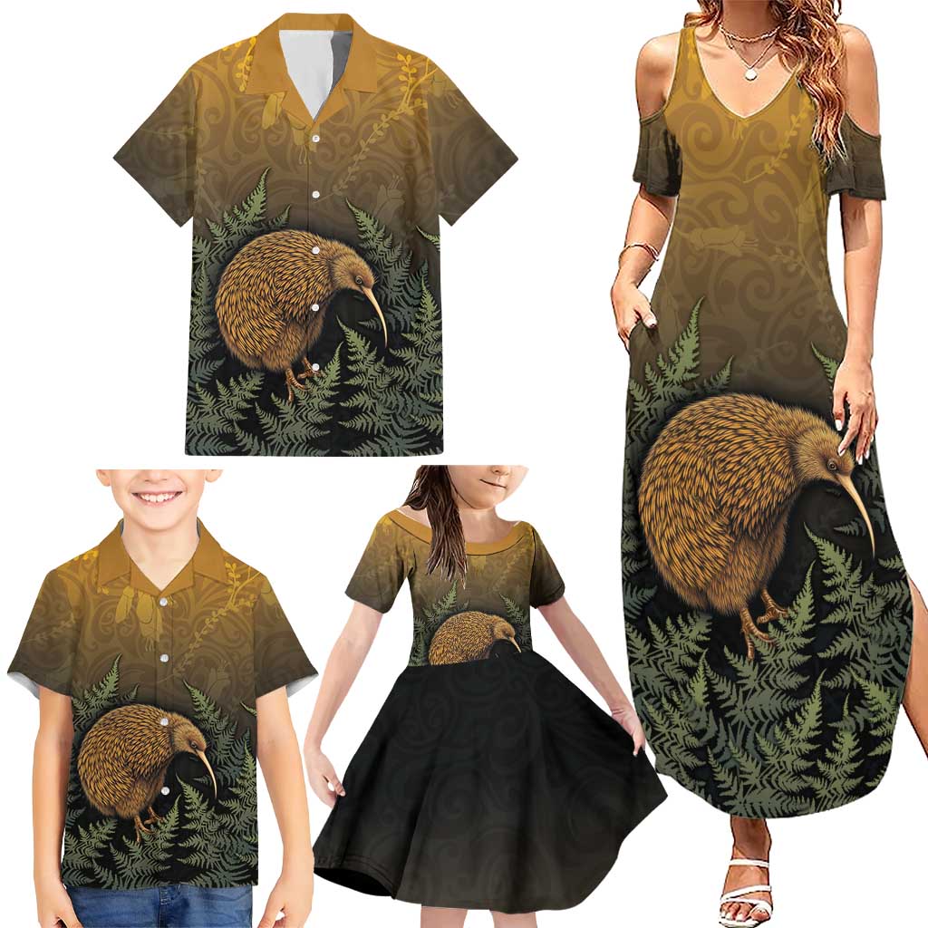 New Zealand Kiwi Bird Family Matching Summer Maxi Dress and Hawaiian Shirt Silver Fern Mix Maori Pattern