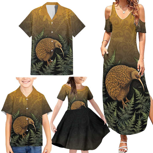 New Zealand Kiwi Bird Family Matching Summer Maxi Dress and Hawaiian Shirt Silver Fern Mix Maori Pattern