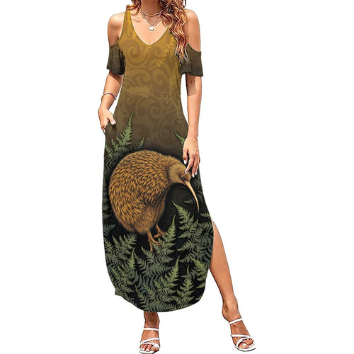 New Zealand Kiwi Bird Family Matching Summer Maxi Dress and Hawaiian Shirt Silver Fern Mix Maori Pattern