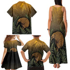 New Zealand Kiwi Bird Family Matching Tank Maxi Dress and Hawaiian Shirt Silver Fern Mix Maori Pattern