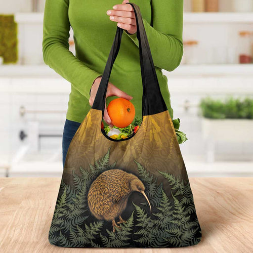 New Zealand Kiwi Bird Grocery Bag Silver Fern Mix Maori Pattern