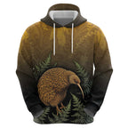 New Zealand Kiwi Bird Hoodie Silver Fern Mix Maori Pattern