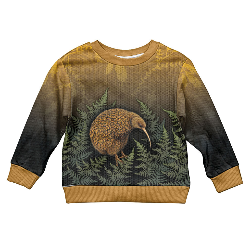 New Zealand Kiwi Bird Kid Ugly Christmas Sweater Silver Fern Mix Maori Pattern
