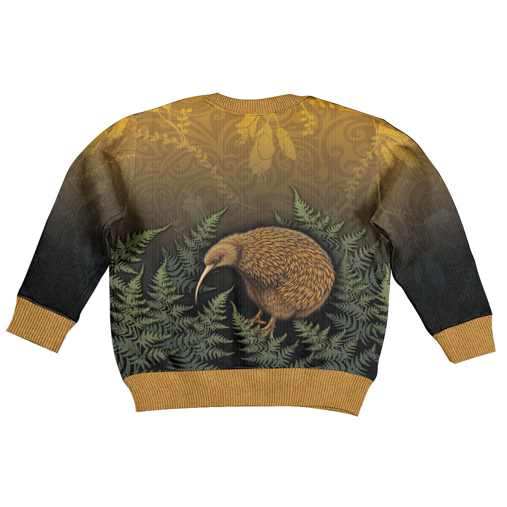 New Zealand Kiwi Bird Kid Ugly Christmas Sweater Silver Fern Mix Maori Pattern
