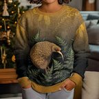 New Zealand Kiwi Bird Kid Ugly Christmas Sweater Silver Fern Mix Maori Pattern