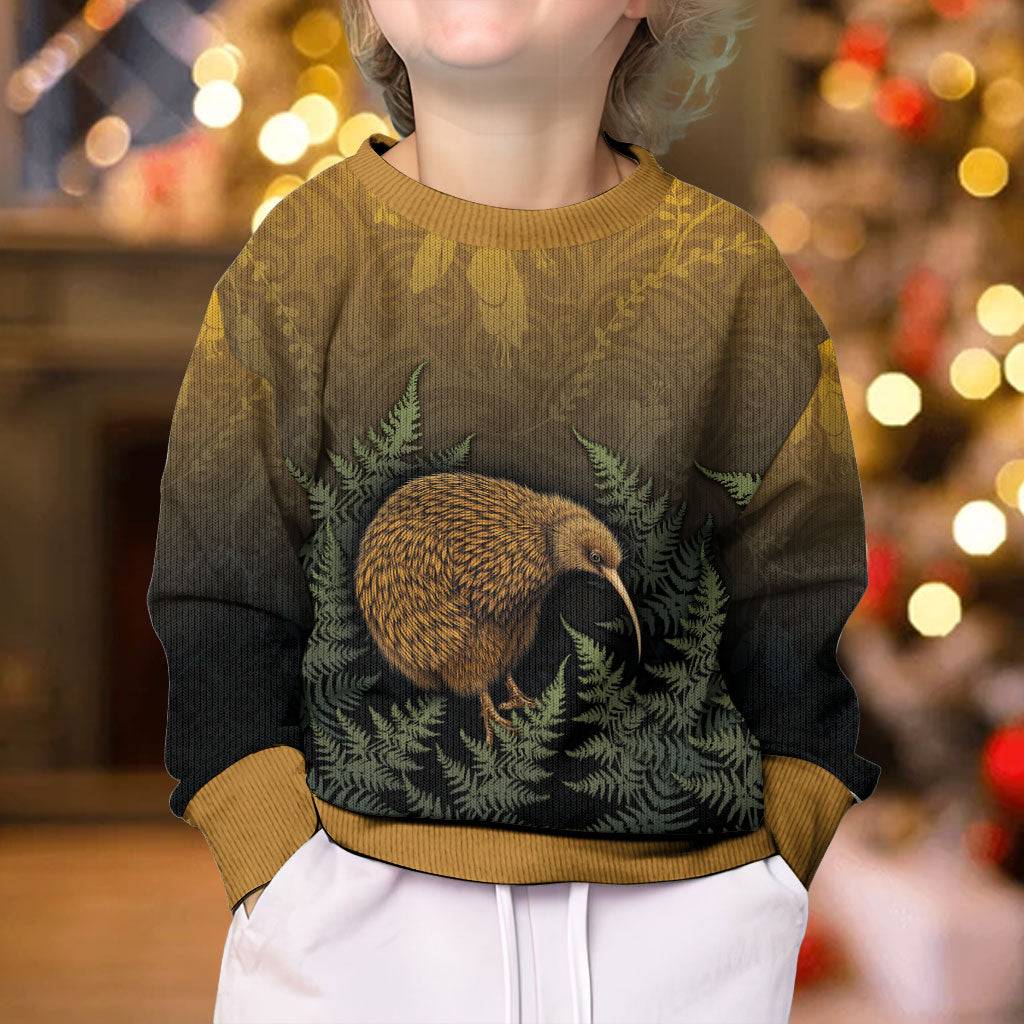 New Zealand Kiwi Bird Kid Ugly Christmas Sweater Silver Fern Mix Maori Pattern