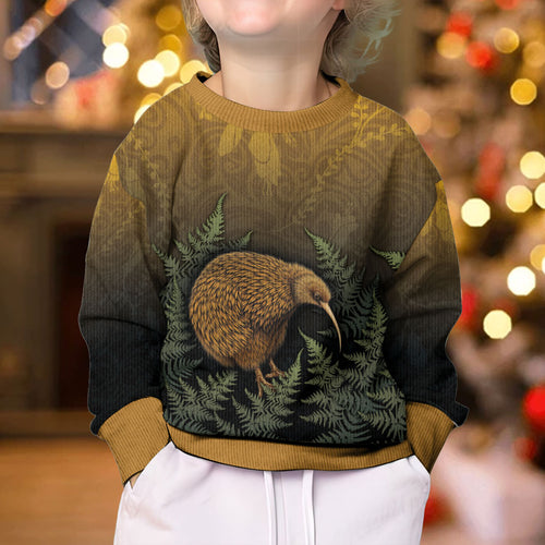 New Zealand Kiwi Bird Kid Ugly Christmas Sweater Silver Fern Mix Maori Pattern