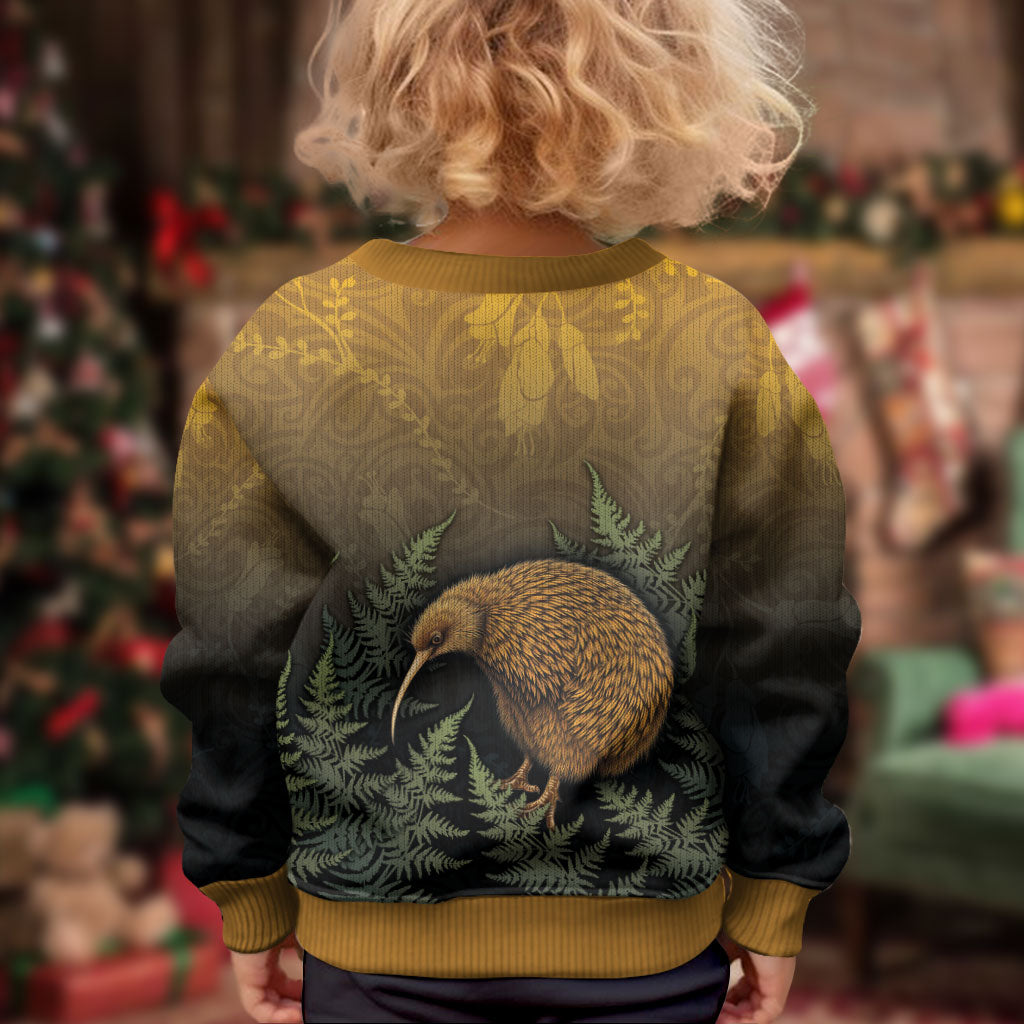 New Zealand Kiwi Bird Kid Ugly Christmas Sweater Silver Fern Mix Maori Pattern