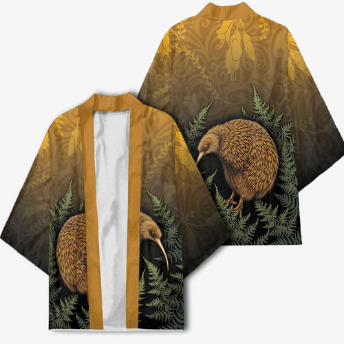 New Zealand Kiwi Bird Kimono Silver Fern Mix Maori Pattern