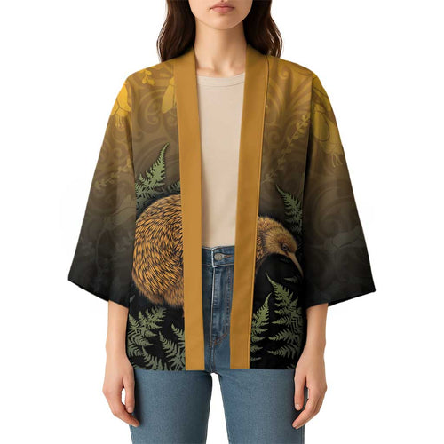 New Zealand Kiwi Bird Kimono Silver Fern Mix Maori Pattern