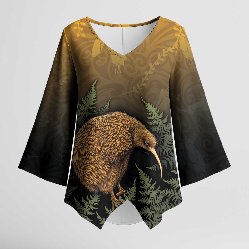 New Zealand Kiwi Bird Kimono Sleeve Blouse Silver Fern Mix Maori Pattern