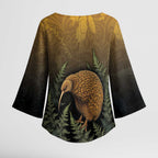 New Zealand Kiwi Bird Kimono Sleeve Blouse Silver Fern Mix Maori Pattern