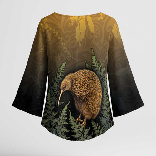 New Zealand Kiwi Bird Kimono Sleeve Blouse Silver Fern Mix Maori Pattern