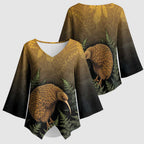 New Zealand Kiwi Bird Kimono Sleeve Blouse Silver Fern Mix Maori Pattern