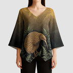 New Zealand Kiwi Bird Kimono Sleeve Blouse Silver Fern Mix Maori Pattern