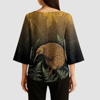 New Zealand Kiwi Bird Kimono Sleeve Blouse Silver Fern Mix Maori Pattern