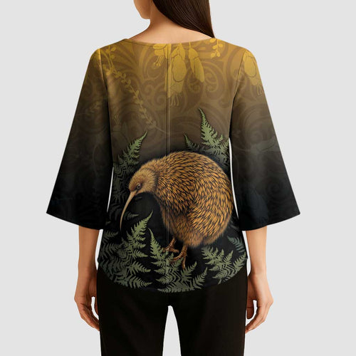 New Zealand Kiwi Bird Kimono Sleeve Blouse Silver Fern Mix Maori Pattern