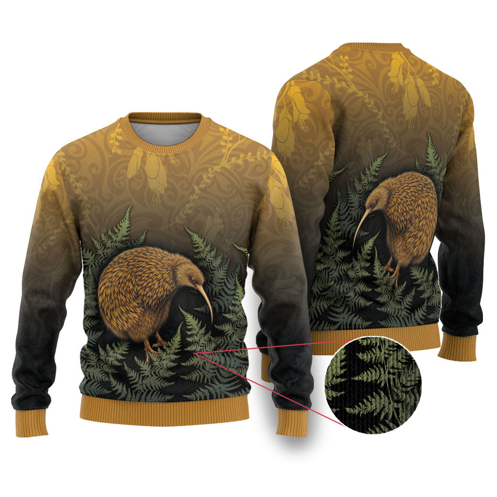 New Zealand Kiwi Bird Ugly Christmas Sweater Silver Fern Mix Maori Pattern