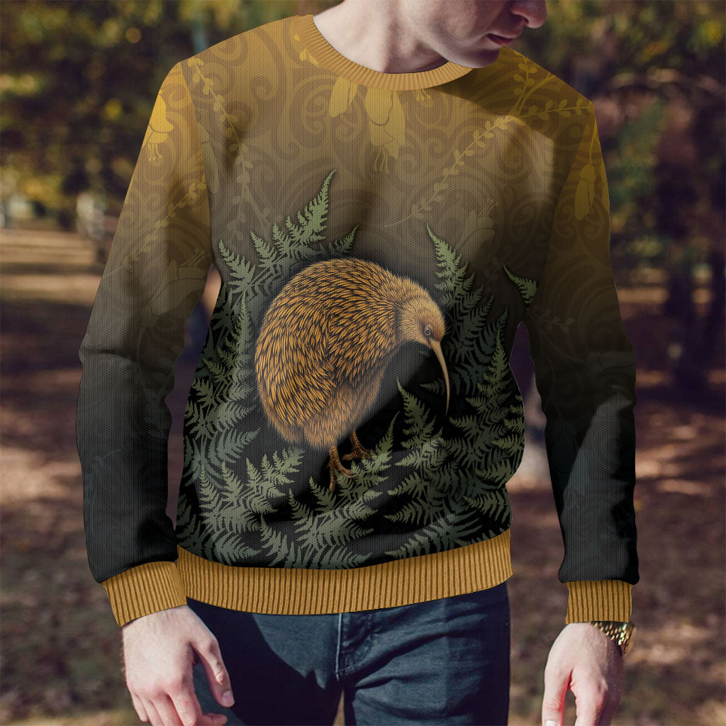 New Zealand Kiwi Bird Ugly Christmas Sweater Silver Fern Mix Maori Pattern