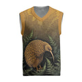 New Zealand Kiwi Bird Christmas Knitted V-Neck Vest Silver Fern Mix Maori Pattern