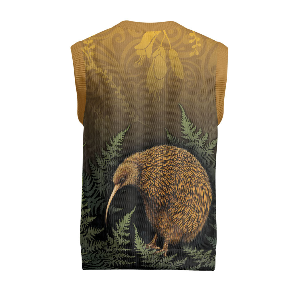 New Zealand Kiwi Bird Christmas Knitted V-Neck Vest Silver Fern Mix Maori Pattern