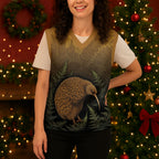 New Zealand Kiwi Bird Christmas Knitted V-Neck Vest Silver Fern Mix Maori Pattern