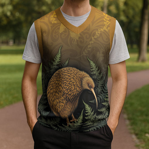 New Zealand Kiwi Bird Christmas Knitted V-Neck Vest Silver Fern Mix Maori Pattern