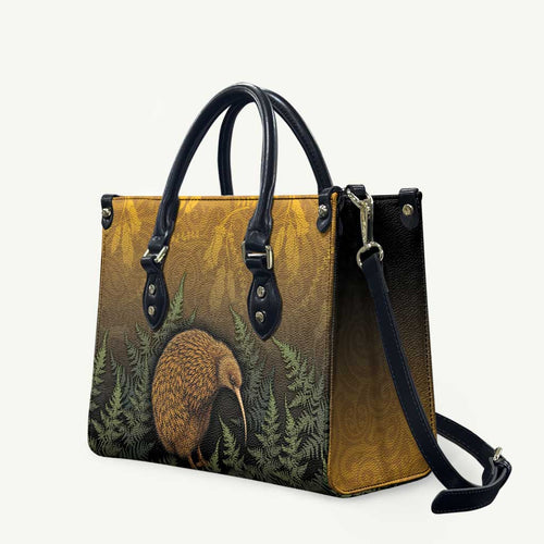 New Zealand Kiwi Bird Leather Bag Silver Fern Mix Maori Pattern