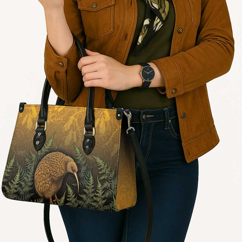 New Zealand Kiwi Bird Leather Bag Silver Fern Mix Maori Pattern