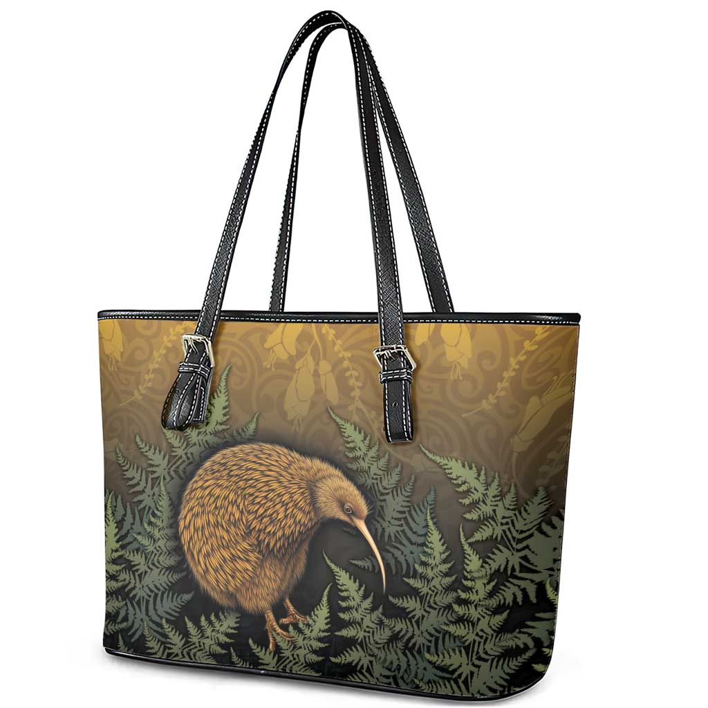 New Zealand Kiwi Bird Leather Tote Bag Silver Fern Mix Maori Pattern